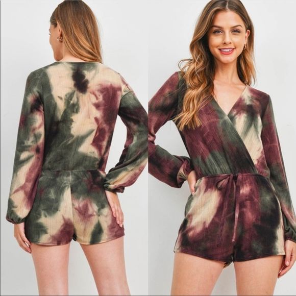 Private Label Pants - Tie Dye Surplice Romper Long Sleeve NWT